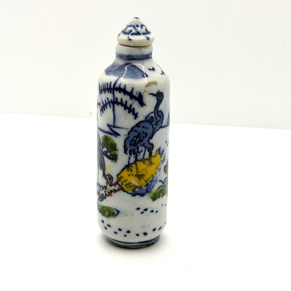Vintage 70s Asian Blue White Polychrome Crane Ceramic Snuff Bottle